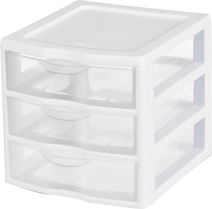 Small 3-Drawer Organizer Unit, Clear Plastic Stackable Drawers for Countertop or Desktop, White