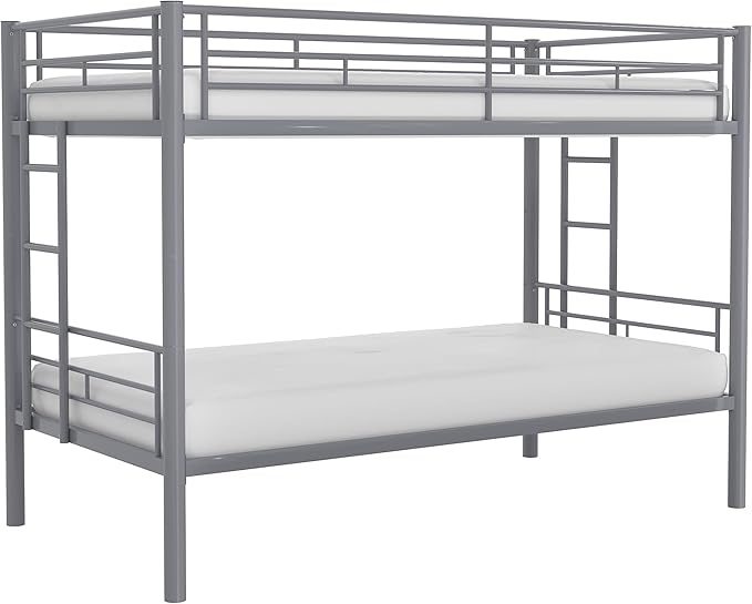VECELO Bunk Bed Twin Over Twin, Metal Bunkbeds with Ladder and Full-Length Guardrail, No Box Spring Needed, Space Saving, Noise Free, Grey