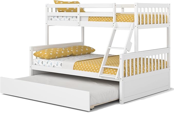 KOMFOTT Wood Twin Over Full Bunk Bed with Trundle, Bunk Bed Frame with Solid Pine Wood Frame, Space-Saving Bed Frame with Ladder & Safety Guardrails, No Box Spring Needed
