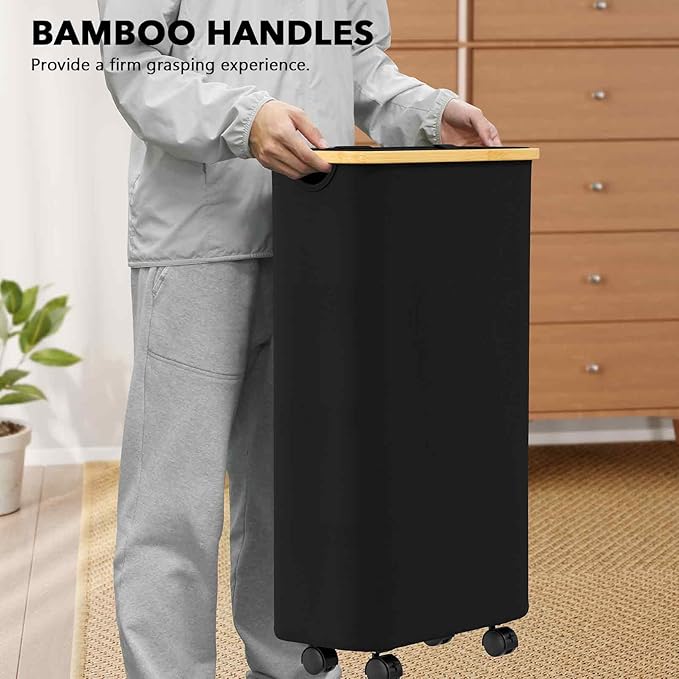SpaceAid Slim Laundry Hamper with Wheels and Lid,62L Rolling Narrow Clothes Basket with Bamboo Handle, Large Laundry Hamper for Bedroom, Bathroom, Dorm, Laundry Room - Black