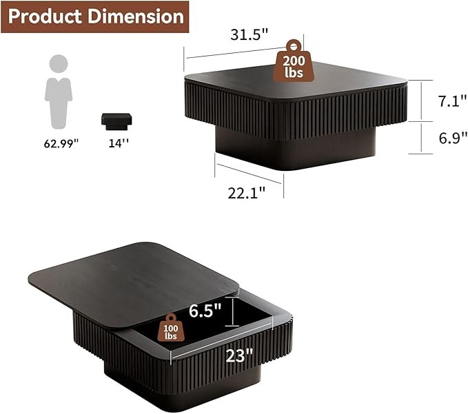 LKTART Coffee Table for Living Room, Accent Fluted Square Coffee Table with Hidden Storage, Modern Solid Wood Veneered Circle Center Tea Table for Small Space Apartment (31.5''D×14''H-Black)