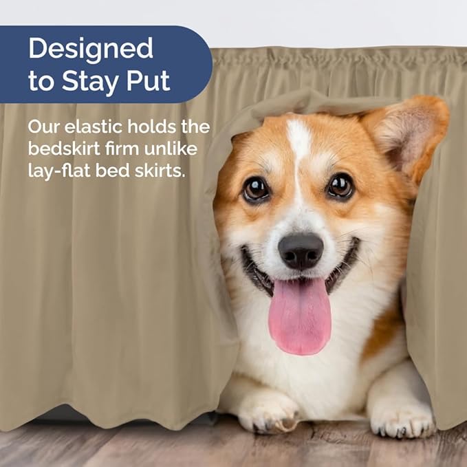 Wrap Around Dust Ruffle Bed Skirt - Beige - for King Size Beds w/ 16 Inch Drop - Easy Fit Elastic Strap - Adjustable Pleated Bedskirt w/Brushed Fabric, Wrinkle & Fade Free Women, Men, Kids & Teens
