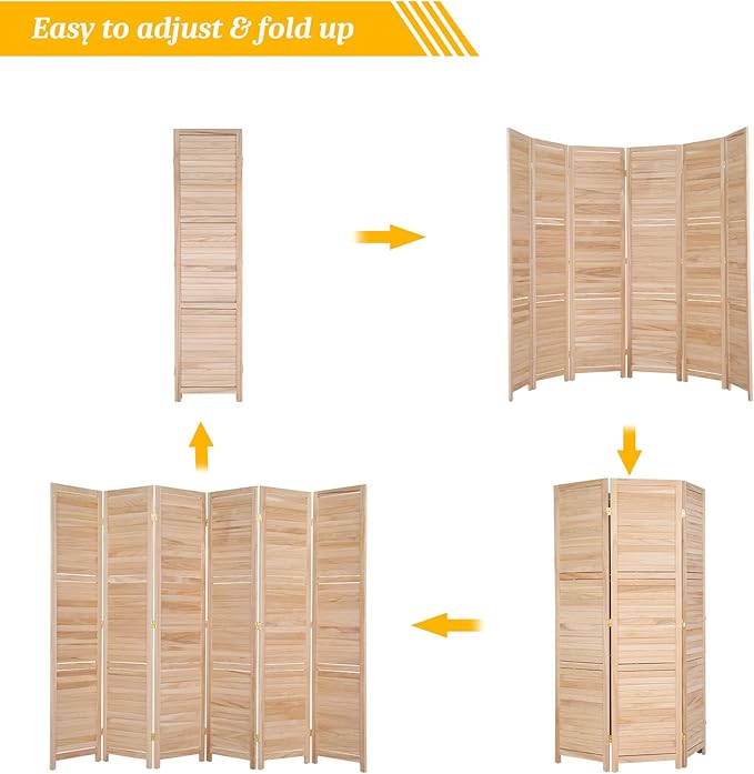 Bonnlo Wood Room Divider Privacy Screen, 5.9 Ft Tall Folding Partition Wall Divider, Indoor Freestanding Hinged Space Separator (Natural, 6 Panel)