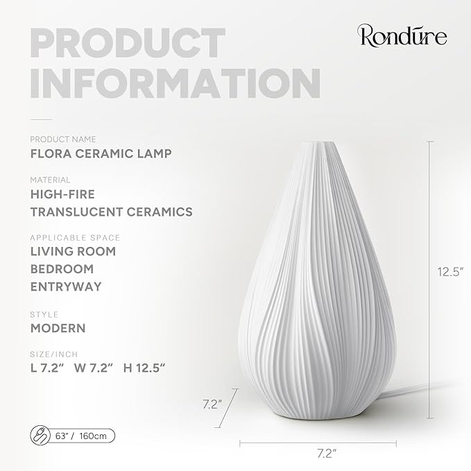 RONDURE 12.5" Modern Ceramic Table Lamp, Fully Dimmable Modern Bedside Lamps for Bedroom, Living Room and Nightstand, White Translucent Ceramic Shade, Warm Ambient Lighting, Corded, Bulb Included