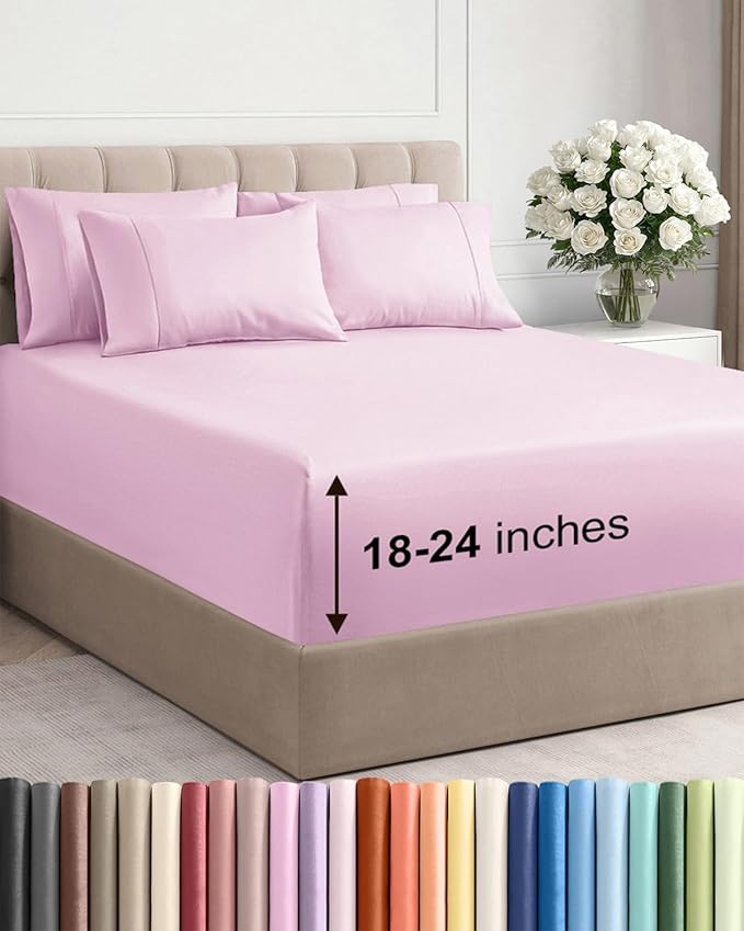 Extra Deep Cal King Sheet Set - 6 Piece Breathable and Cooling Sheets - Hotel Luxury Bed Sheets Set - Easy Fit - Soft, Wrinkle Free and Comfy Sheets Set - Light Pink Sheet Set with Extra Deep Pockets