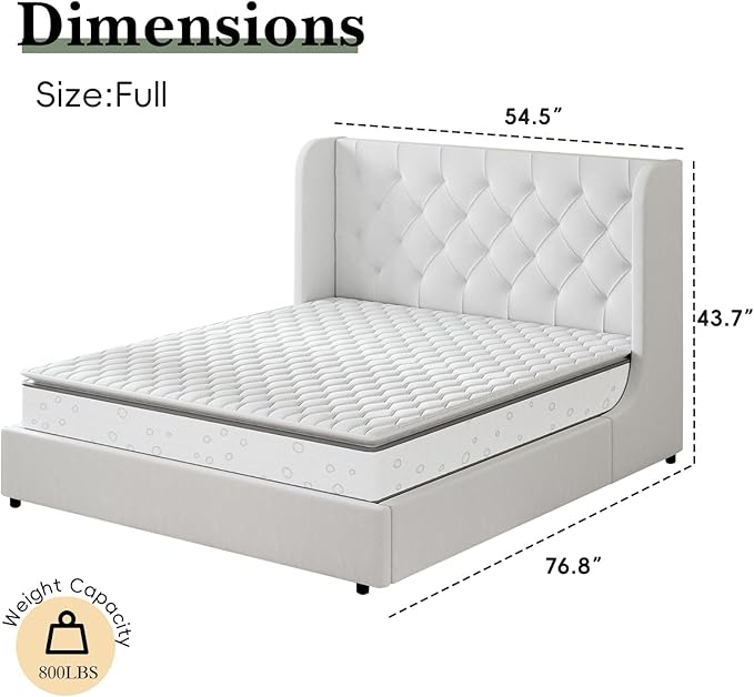 HOMBCK Full Size Bed Frame, White Upholstered Platform Bed Frame with Headboard, Velvet Tufted, Curved Wingback Design, Wooden Slats, No Box Spring, Noise Free, Easy Assembly