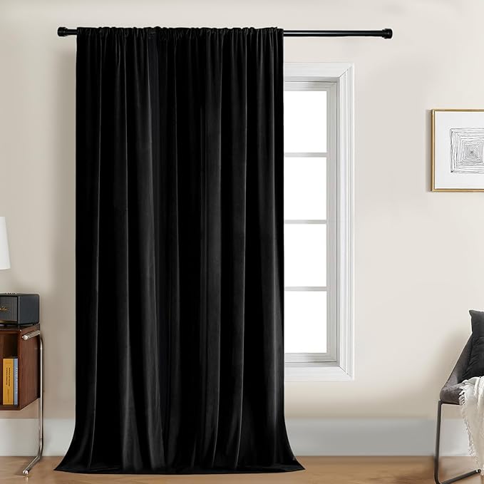 Joydeco Velvet Curtains 84 inch 1 Panel, Long Luxury Black Blackout Thermal Insulated Rod Pocket Window Curtains, Super Soft Room Darkening Drapes for Living Room Bedroom, W100 x L84 Inch, Black