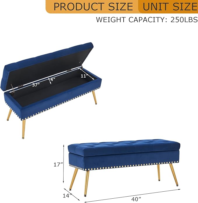 Velvet Storage Bench with Gold Legs& Nailhead Trim, 40" Wide Upholstered Modern Bedroom Bench for End of Bed, Tufted Ottoman for Entryway Living Room Dining Room (Navy Blue, 40" Wide)