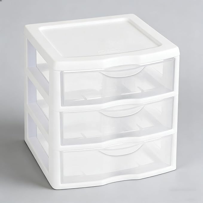 Small 3-Drawer Organizer Unit, Clear Plastic Stackable Drawers for Countertop or Desktop, White