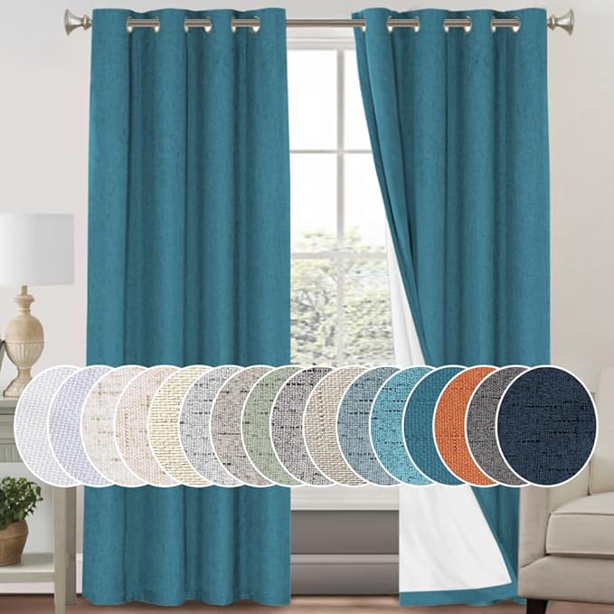 PrinceDeco Blackout Curtains for Bedroom 84" Long Thermal Insulated with White Liner Textured Linen Look Curtain Draperies, Grommet Vertical Drapes Privacy for Hall Room, 2 Panels, Blue Sapphire