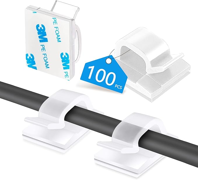 Abnii 100PCS Cable Clips, Adhesive Wire Clips Organizer Cord Clips Management, Cable Staples Outdoor Strong for Wall, Desk, Christmas Lights, String Lights, TV PC Ethernet Cable, Clear Small