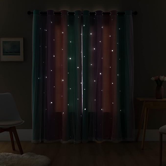 XiDi Dream Star Blackout Curtains for Kids Rooms Girl Princess Curtain for Daughter Bedroom Window (Pink Purple Green, W52 X L84)