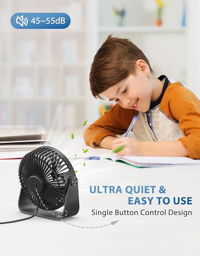 TriPole USB Desk Fan Portable Mini Fan Powerful 3 Speeds Wind Personal Desktop Fan with 360° Head Rotation for Home Office Car Indoor Outdoor 2 Pack Black, No Battery, 4.5 Inches