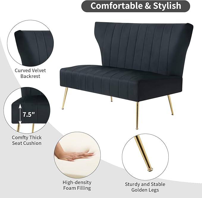 50’’ Armless Loveseat Sofa, Comfy Upholstered Velet Small Couch Sofa with Gold Legs, 2 Seater Tufted Modern Couch for Living Room, Bedroom, Apartment Small Space (Black)