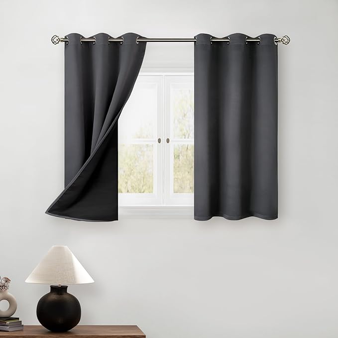 BGment Short Blackout Curtains 40 Inch Length 2 Panels, Thermal Insulated Total Light Blocking Curtains for Bedroom, Grommet Window Drapes with Thick Black Liner, 42 Inch Wide Each Panel, Dark Grey