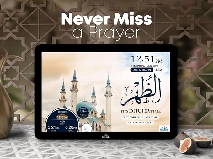 Masjidal 10" Digital Azan Clock with WiFi, Dynamic Touch Screen, Worldwide Prayer Times, Full Quran Player, Islamic Art, Streaming Halal Muslim Content: Duas, Dhikr, Hadith, Surah of The Day, Black