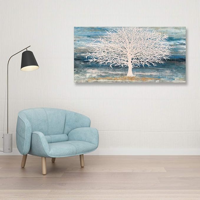 White Tree Canvas Wall Art Large Teal Blue Decor Textured Painting Print with Gold Foil Framed Artwork for Living Room Bedroom(24W*48L