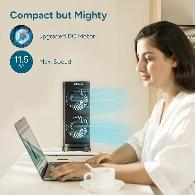 Dr. Prepare Tower Fan Oscillating Fan, Portable Desk Fan with 3-Speed Options, Dual Air Circulation, 110° Oscillation, 3 Timers, Personal Quiet Table Fan for Home Office Desktop Bedroom, 13 inch