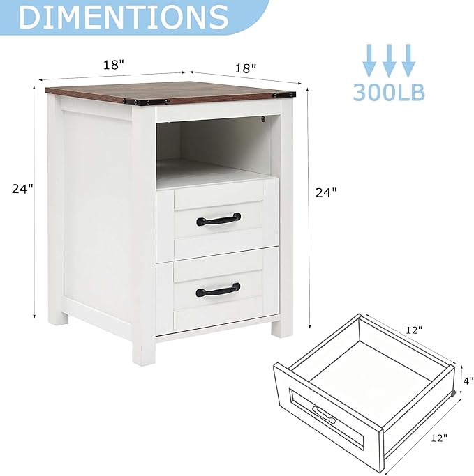 White Rustic Night Stand, Farmhouse End Table, Modern Bedside Table with 2 Storage Drawers and Open Shelf, Tall Nightstand for Bedroom