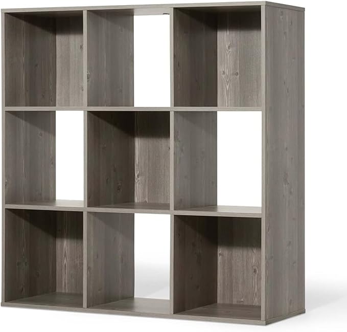 CAPHAUS Sturdy Room 11-Inch Cube Storage Organizer Shelf, with Thick Exterior Edge, Storage Shelf Divider w/Back, Bookcase, 9-Cube, Rustic Grey Oak