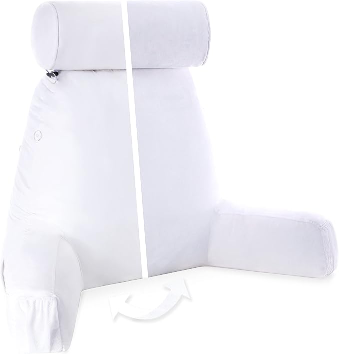 Husband Pillow Medium Aspen Edition White Dandelion, Sit Up Reading & Bed Rest with Arms, Ultra-Comfy, Detach Neck Roll - Premium Shredded Memory Foam Backrest, Reverses to Micro: Suede or Plush