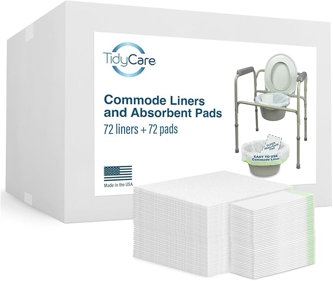 TidyCare Disposable Bedside Commode Liners and Pads for Portable Toilet Chair Seat Bucket and Bedpan | Combo Pack of 72 Waste Bags and 72 Absorbent Pads | Universal Fit