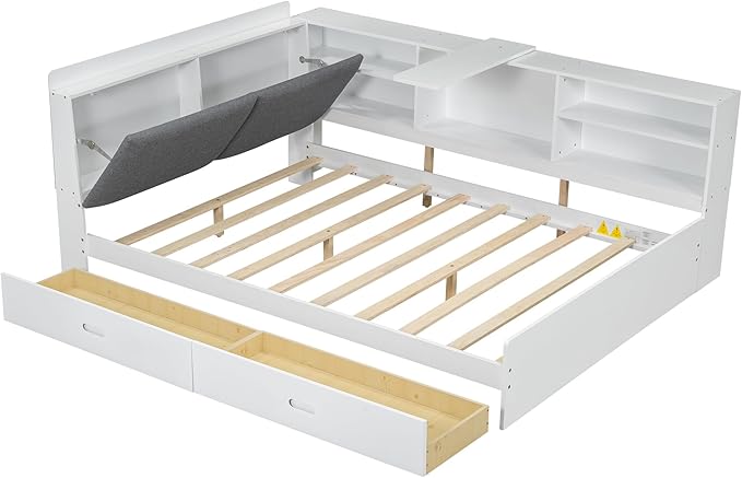 Ball & Cast Full Size Wooden Storage Daybed Frame, Modern Platform Bed with Drawers & Flip Headboard & Shelves, L Shaped Full Floor-Bed w/Upholstered Headboard&Storage, No Box Spring Needed, White