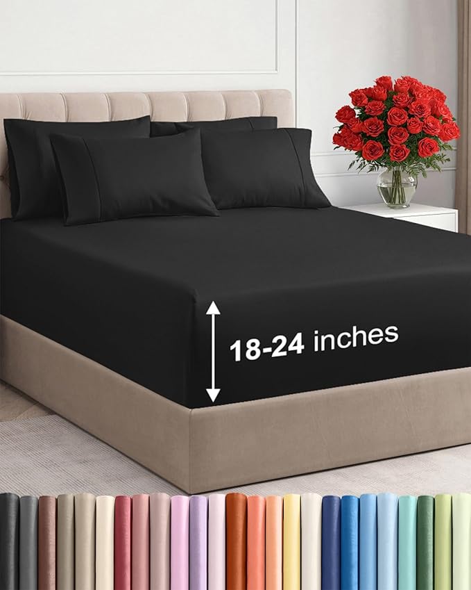 Extra Deep Queen Sheet Set - 6 Piece Breathable and Cooling Sheets - Hotel Luxury Bed Sheets Set - Easy & Secure Fit - Soft, Wrinkle Free and Comfy Sheets Set - Black Sheet Set with Extra Deep Pockets