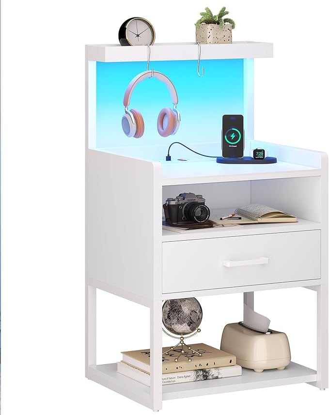 VIAGDO Nightstand Set of 2 with Charging Station and LED Lights, White Night Stand with Drawer, Modern End Side Table with Open Storage Shelves, Bedside Tables for Bedroom, Office