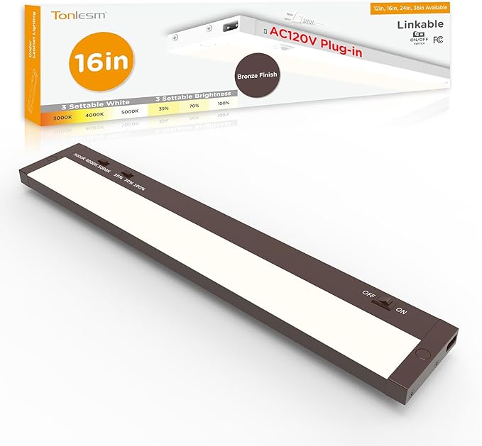 16 Inch Under Cabinet Lighting Plug in, 9W 120V 3 Color 3000K/4000K/5000K, 3 Brightness, Super Bright, Ultra Thin Under Counter Lights for Kitchen, Linkable LED Cabinet Light,Bronze