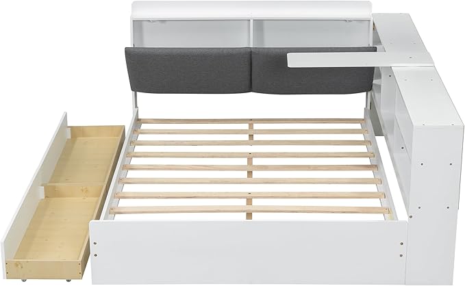 Ball & Cast Full Size Wooden Storage Daybed Frame, Modern Platform Bed with Drawers & Flip Headboard & Shelves, L Shaped Full Floor-Bed w/Upholstered Headboard&Storage, No Box Spring Needed, White