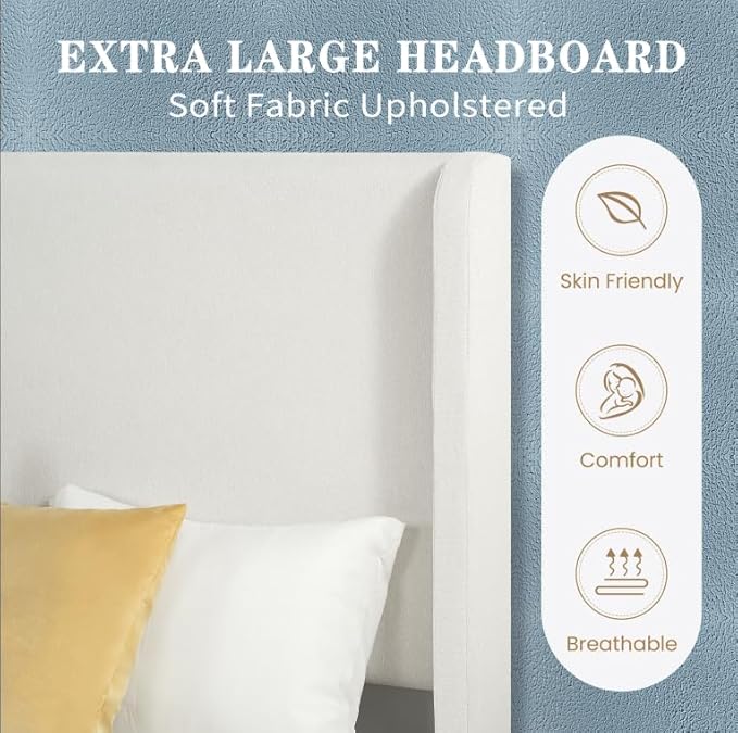 Queen Size Upholstered Bed Frame, Harper 54" Tall Headboard Platform Beds, Wingback Headboard Bedframes/No Box Spring Needed/Easy Assembly/Elegant Simplicit, Ivory Chenille