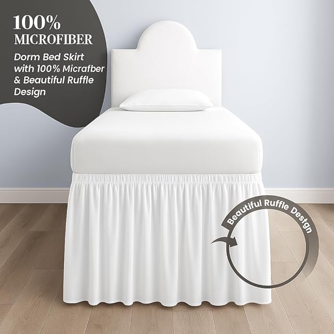 Cottingon Dorm Bed Skirt Twin XL 46" with Split Corners, 100% Microfiber Soft and Stylish, College Room Essential, Extra Long Dust Ruffle for Extended Beds, White