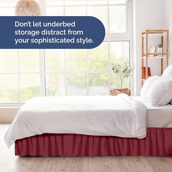 Wrap Around Dust Ruffle Bed Skirt - Burgundy - for King Size Beds with 15 Inch Drop - Easy Fit Elastic Strap - Adjustable Pleated Bedskirt w/Brushed Fabric Wrinkle Free - for Women, Men, Kids & Teens