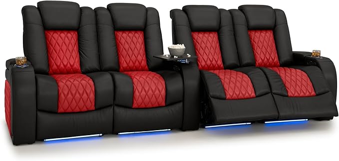 Seatcraft Diamante Zero-Gravity CoolZero Italian Leather Home Theater Seating, Power Headrest, Power Recline, Row of 4 Dual Loveseats, Black/Red
