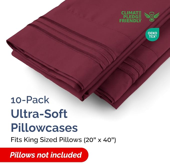 King Pillow Cases Set of 10 - Ultra Soft Hotel Quality Pillowcase Covers - Comfy & Wrinkle Free - Shrink, Stain & Fade Resistant - Easy-Care, Machine Washable Pillow Protectors - 10 Pcs Set - Burgundy