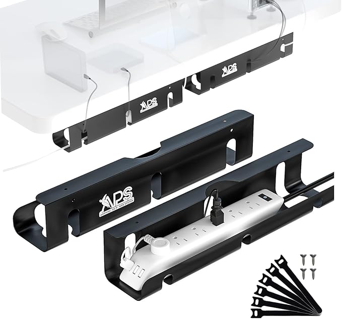APS Under Desk Cable Raceway Tray 2 Pack - 16" Sturdy Metal Cord Organizer, No Drill Clamp Mount for Wire Hiding, Holds 15lbs+ for Office Home Desks - Black