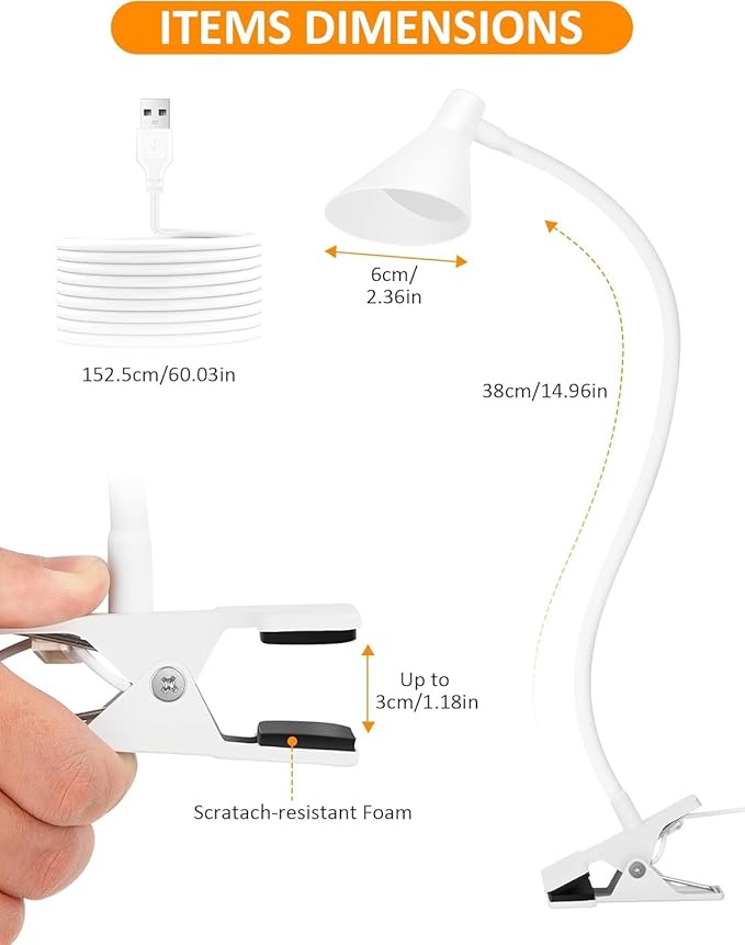 Clip on Light USB Reading Light, Eye Care Dimmable Reading Lamp Flexible Goose Neck Clip on Lamp for Bed Headboard Desk Bedside Dorm - White