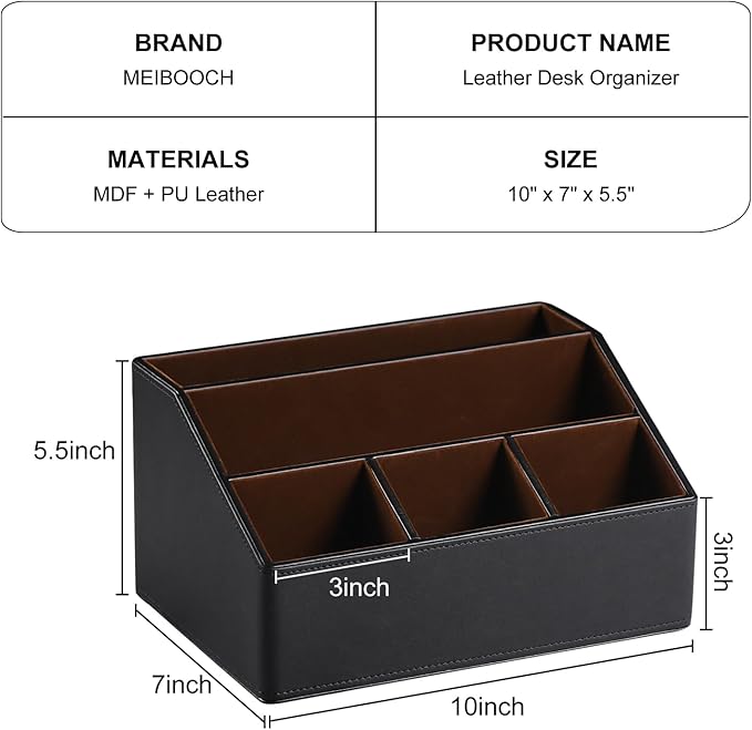 MEIBOOCH PU Leather Desk Organizer, Luxury Remote Control Holder for Home, Office Desk Accessories Table Caddy Bedside Nightstand Organizer (Black)