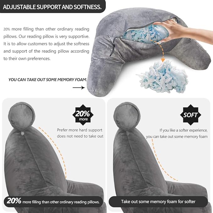 mittaGonG Extra Large Reading Pillow for Sitting in Bed Adult with Detachable Neck Support Cushion & Backrest Pillow for Bed with Arms and Side Pocket Shredded Foam Back Pillow with Washable Cover