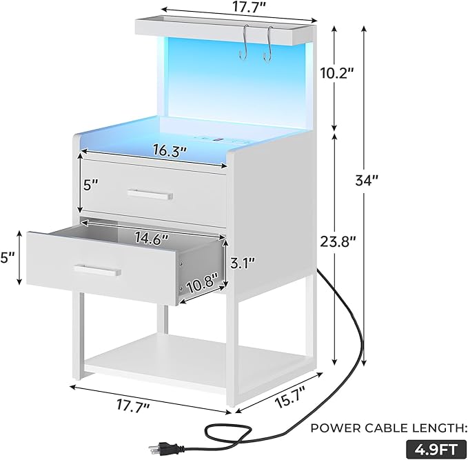 VIAGDO Nightstand with Charging Station and LED Lights, White Bedside Night Stands with 2 Drawers and Open Storage Shelves, Modern End Side Tables for Bedroom, Office