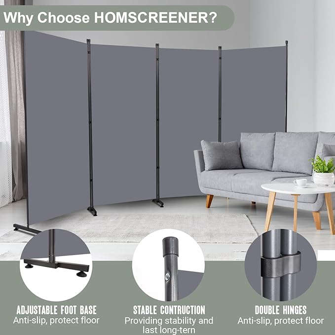 Room Divider Folding Privacy Screens with Wheels, 6FT Tall Divider for Room Separation, Movable Room Partitons and Dividers, Indoor Room Dividers Panel with Fabric (Grey, 4 Panel-136‘’-Round Pad)