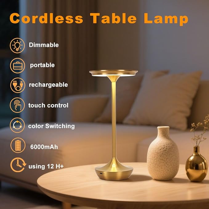 2 Pack LED Rechargeable Cordless Table Lamps,Portable Outdoor 6000 mAh Battery Operated Table Light Touch Control 3 Color Dimmable Waterproof for Patio/Cofee/Restaurant/Camping/Dining/ Bedroom-Gold