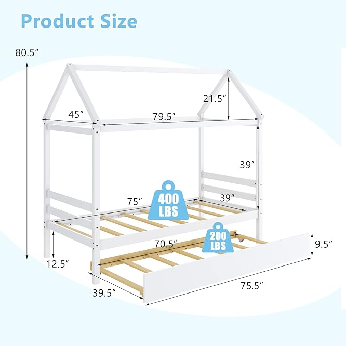 Giantex House Bed with Trundle, Solid Wood Twin Size Daybed for Girls & Boys, Kids Platform Bed Frame with Roof for Bedroom, No Box Spring Needed, White