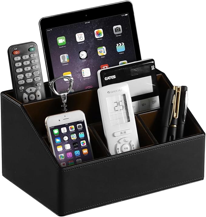 MEIBOOCH PU Leather Desk Organizer, Luxury Remote Control Holder for Home, Office Desk Accessories Table Caddy Bedside Nightstand Organizer (Black)