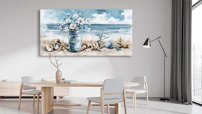 yearainn Coastal Canvas Wall Art - Rustic Jar Flowers Pictures Wall Decor Seashells Seaside Painting Artwork Ocean Landscape Prints for Living Room Bedroom Office Home Decor Ready to Hang 48" x 24"