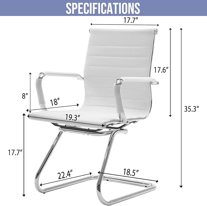 Wahson Office Guest Chairs Set of 8, Leather Reception Chairs, Mid Back Waiting Room Chair, Conference Chairs with Sled Base, Desk Chair No Wheels for Meeting/Lobby/Restroom, White
