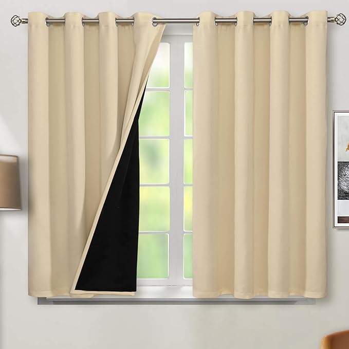 BGment Short 100% Blackout Curtains for Bedroom, Thermal Insulated Energy Efficiency Noise Reducing Grommet Curtains 45 Inch Length with Liner for Small Window 2 Panels Each 52 Inch Wide, Natural