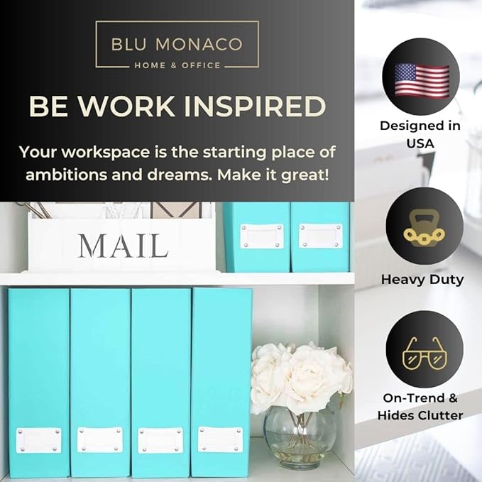 BLU MONACO Set of 6 Aqua Magazine File Holders | Foldable Magazine Storage Boxes with White Leather Label Holders | Vertical File Organizer for Desk, Shelves & Home Office