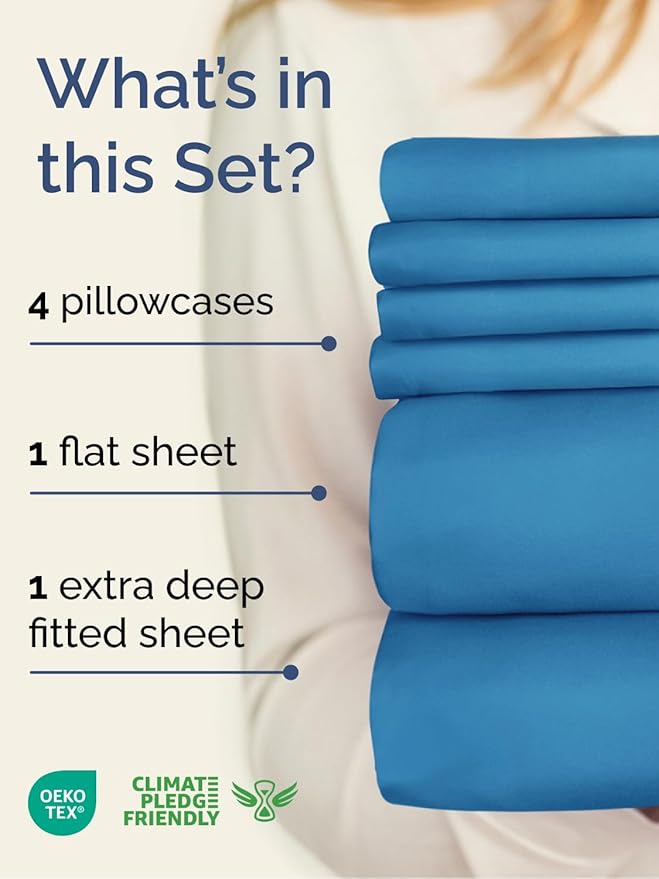 Extra Deep Queen Sheet Set - 6 Piece Breathable & Cooling Sheets - Hotel Luxury Bed Sheets Set - Easy & Secure Fit - Soft, Wrinkle Free & Comfy Sheets Set - Denim Blue Sheet Set w/Extra Deep Pockets